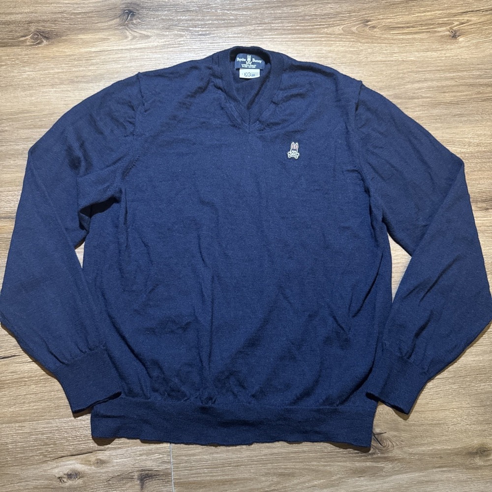 Psycho Bunny Mens LARGE Navy Merino Wool  V Neck Pullover Sweater Bunny Logo